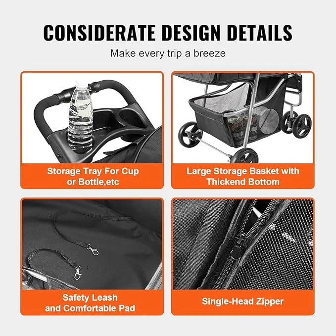 VEVOR Pet Stroller for Dogs and Cats up to 35lbs, 3 Wheels Folding Dog Cat Stroller for Medium Small Dogs, Portable Lightw...