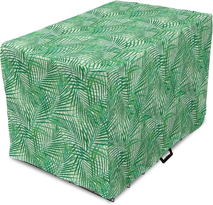 Lunarable Fern Pattern Dog Crate Cover, Background Illustration Covered with Palm Tree Leaves Art Print, Easy to Use Pet K...