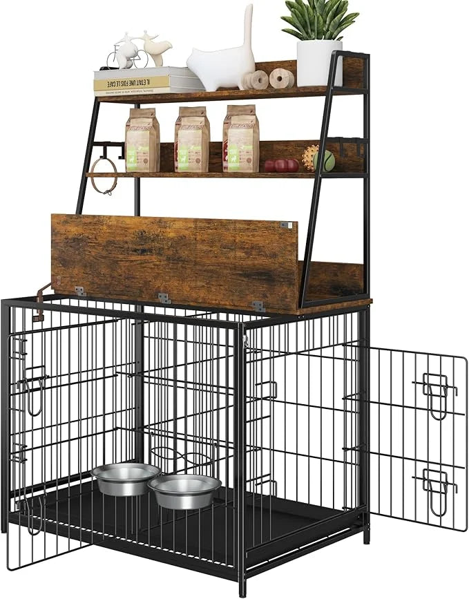 Furniture Style Dog Crate, Indoor Basic Dog Cage with 3-Layer Storage Shelves, Flip-up Top End Table Dog Cage, Dog Kennel ...
