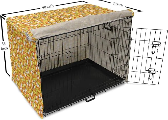 Lunarable Candy Corn Dog Crate Cover, Halloween Design of Cartoon Style Foods Scattered Randomly, Easy to Use Pet Kennel C...