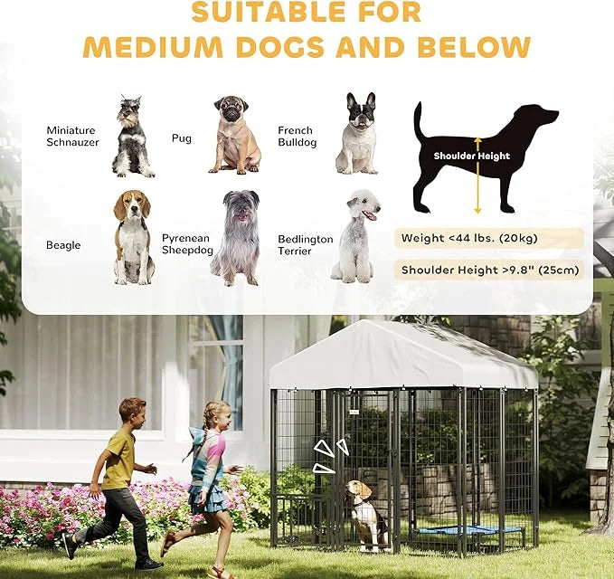 PawHut 5.9' x 4' x 6' Outdoor Dog Kennel, Welded Wire Heavy Duty Dog Run with 360° Rotating & 4 Level Adjustable Bowls, Do...