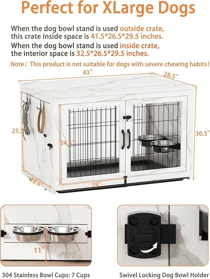 Piskyet Wooden Dog Crate Furniture with 360°Rotatable Removable Dog Bowls, Dog Crate End Table with Tray, Double Doors Dog...