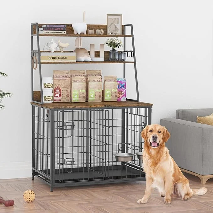 Furniture Style Dog Crate, Indoor Basic Dog Cage with 3-Layer Storage Shelves, Flip-up Top End Table Dog Cage, Dog Kennel ...