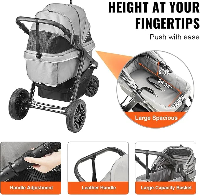 VEVOR Large Pet Stroller for Dogs Cats up to 75lbs, 3 Wheels Folding Cat Dog Stroller, Portable Pet Jogging Stroller with ...