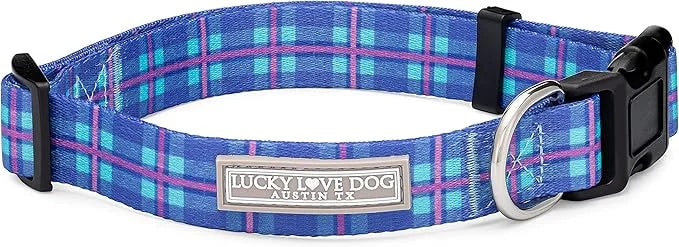 Lucky Love Dog, Blue and Violet Plaid Dog Collar, Adjustable & Comfy Collar for Boy and Girl Dog, Easy On & Off Clasp Acce...