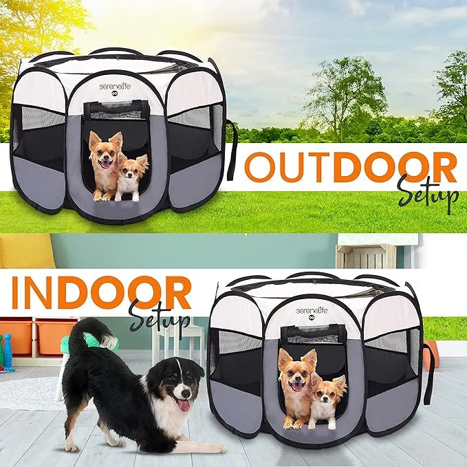 SereneLife On-The-Go Foldable Portable Pet Tent 8-Panel Playpen for Dog & Cat w/Food/Water Bowl, Mesh Exercise Puppy Playg...