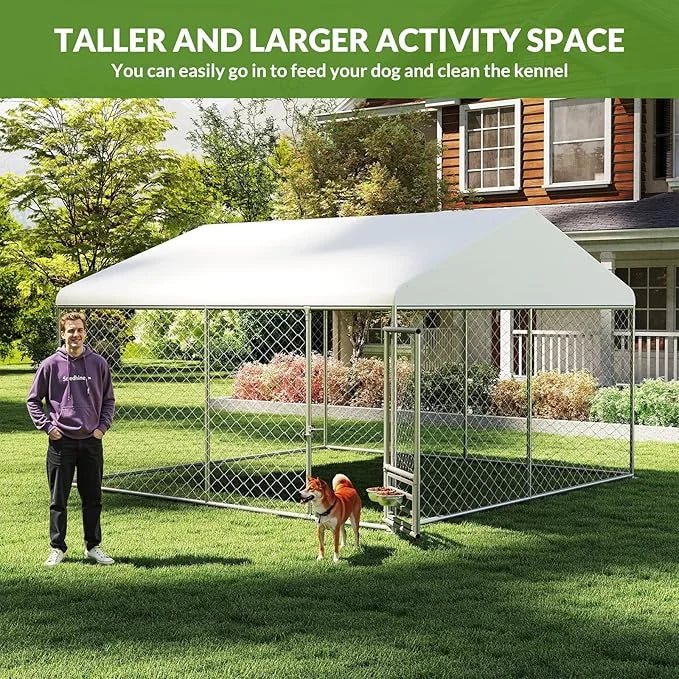 Rovibek 10x10 Ft Outdoor Dog Kennel, Outside Dog Kennel with Roof, Dog Kennels Outdoor with 2 Steel Dog Bowls, Outside Ken...