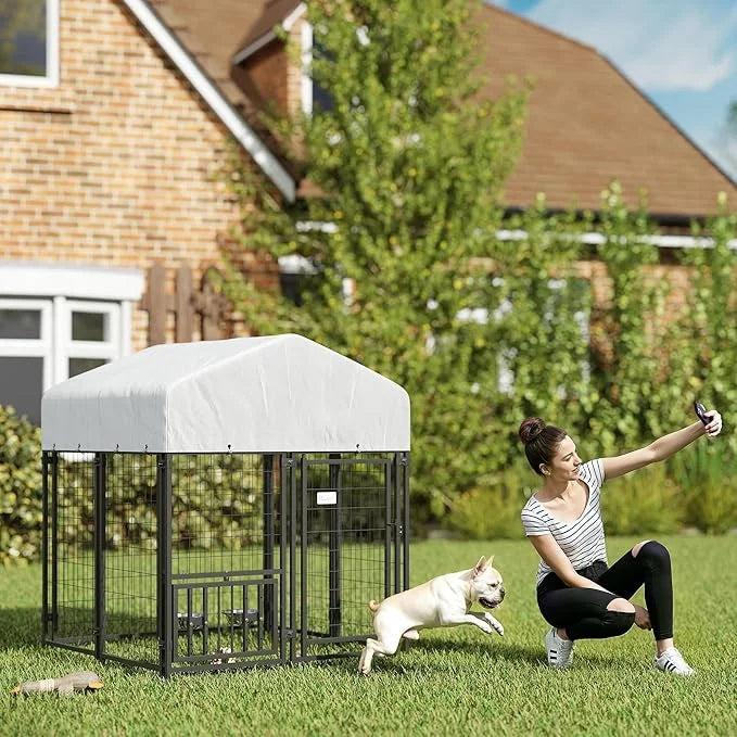 PawHut 3.9' x 3.9' x 4.5' Outdoor Dog Kennel, Welded Wire Heavy Duty Dog Run with 360° Rotating & 4 Level Adjustable Bowls...