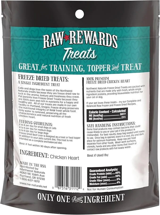 Northwest Naturals Raw Rewards Freeze-Dried Chicken Heart Treats for Dogs and Cats - Bite-Sized Pieces - Healthy, 1 Ingred...