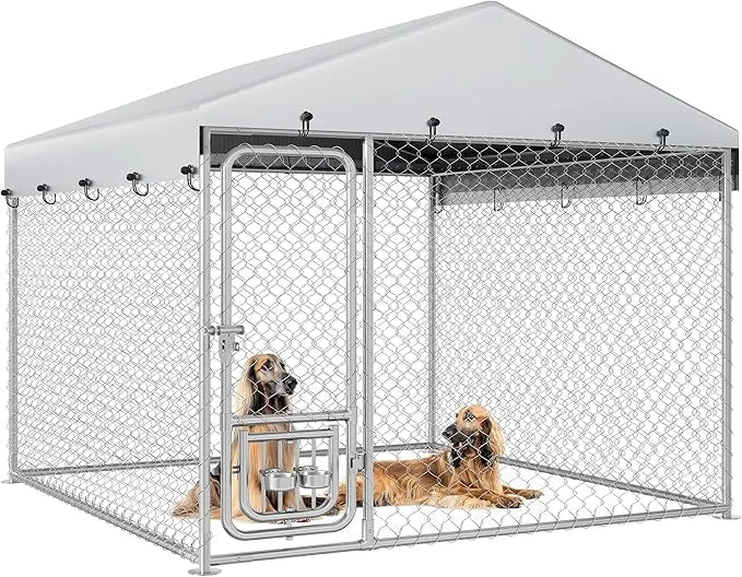 YITAHOME Outdoor Dog Kennel with Rotating Feeder Bowls, 7.5'x7.5' Outdoor Dog Enclosure with Roof, Heavy Duty Dog Cage for...