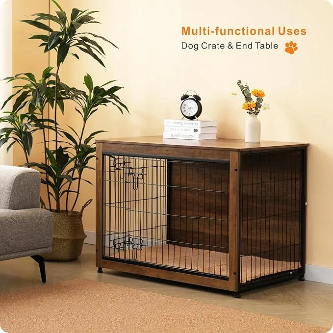DWANTON Dog Crate Furniture with Cushion, Wooden Kennel Table with Double Doors, Indoor Dog House, Large Size, 38.5" L, Wa...