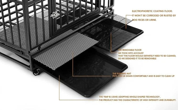 Heavy Duty Extra Large Dog Crate with Wheels - Indestructible 42/46 Inch Chew-Proof, Escape-Proof Kennel for High-Anxiety ...