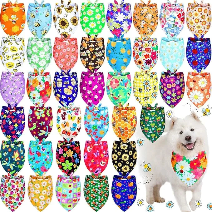 Sadnyy 40 Pcs Summer Spring Dog Bandanas Bulk Flower Hawaiian Triangle Reversible Bandanas for Large Dog Adjustable Pet Ke...
