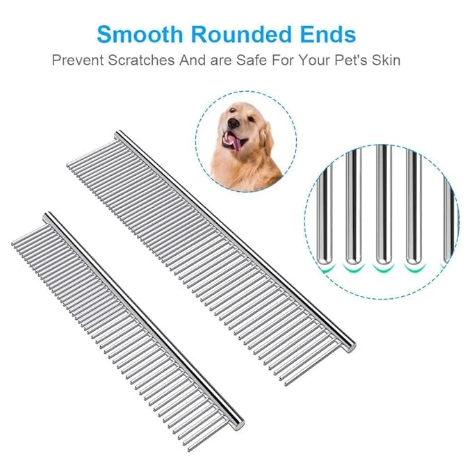 2 Pack Dog Combs with Rounded Ends Stainless Steel Teeth, Cat Comb for Removing Tangles and Knots, Professional Grooming T...