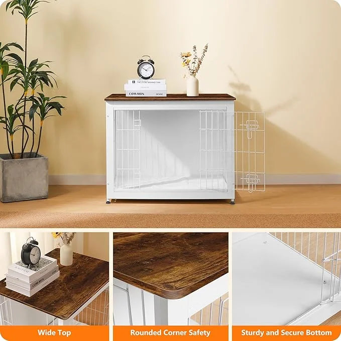 DWANTON Dog Crate Furniture with Cushion, Wooden Kennel Table with Double Doors, Indoor Dog House, Medium Size, 32.5" L, W...