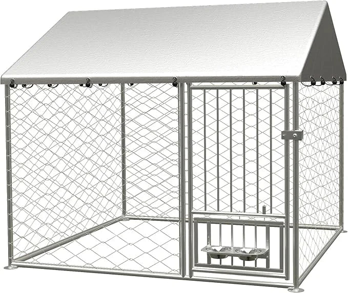 Large Outdoor Dog Kennel, Heavy Duty Galvanized Steel Dog Enclosure with Swivel Feeder, Chicken Coop w/Waterproof UV-Resis...
