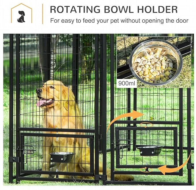 PawHut 8' x 4' x 6' Outdoor Dog Kennel with Rotating Bowl Holders, Walk-in Pet Playpen, Welded Wire Steel with Water and U...