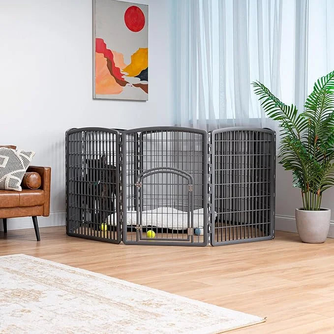 IRIS USA Dog Playpen, 8-Panel 34" Pet Playpen with Door, Puppy Playpen, Indoor/Outdoor Dog Pen, 63 x 63 x 34, Foldable, Cu...