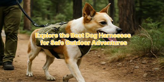 A medium-sized dog wearing a secure harness in a natural outdoor setting, ideal for hiking or travel with pet owners.