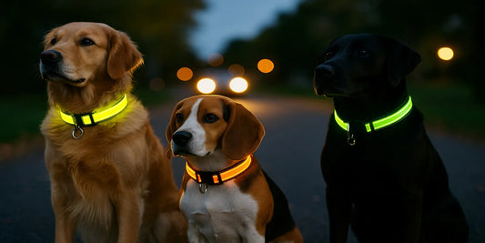 Dusk scene: Golden Retriever, Beagle, and black Labrador wearing reflective collars that glow as car headlights blur behind.