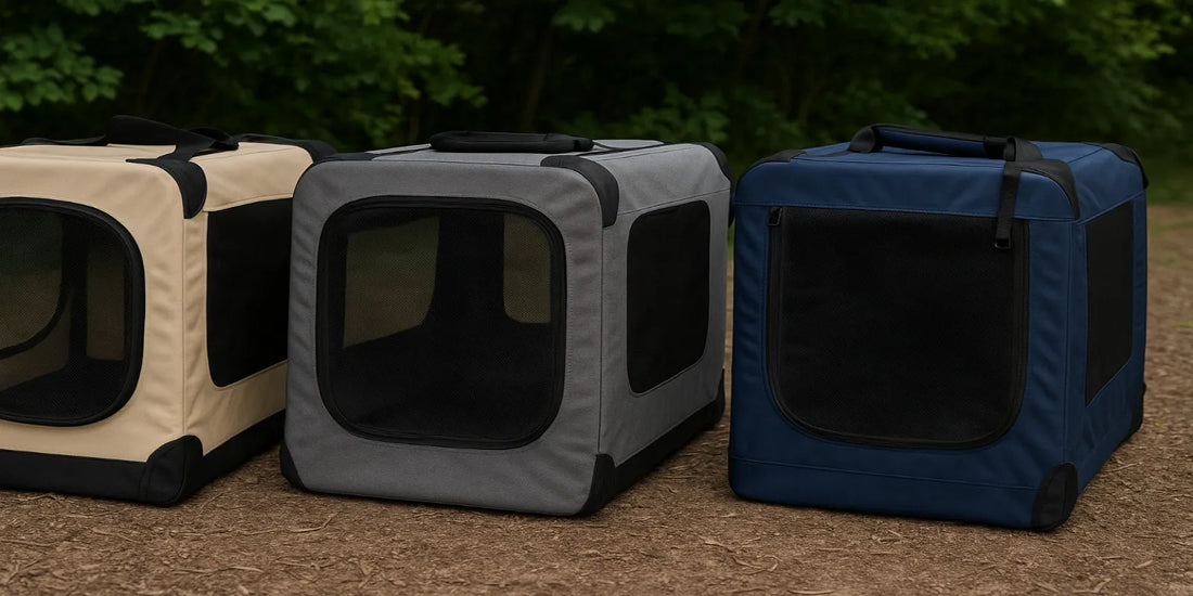 Three portable soft dog crates in beige, gray, and navy blue, with mesh windows, displayed outdoors on a dirt path with green foliage backdrop.
