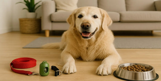 Smiling senior Golden Retriever lying indoors with leash, harness, and food bowl nearby, symbolizing safe senior dog care.