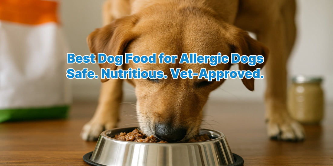 A golden retriever happily eating from a stainless steel bowl in a sunny backyard, representing healthy food for allergic dogs.