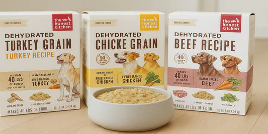 Three boxes of Honest Kitchen dehydrated whole grain dog food in turkey, chicken, and beef recipes with a ceramic bowl filled with the food.