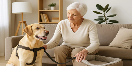 Elderly woman with short white hair sits beside her Labrador on a plush bed, holding its leash in a cozy sunlit living room.