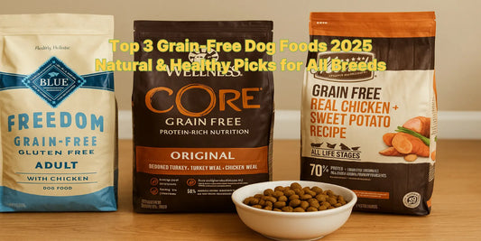 Three grain-free dog food bags with a bowl of kibble on a wooden floor, showcasing top natural and healthy picks for dogs in 2025.
