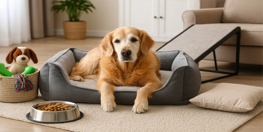 Senior golden retriever resting on an orthopedic dog bed with toys, food bowl, and ramp in a cozy, safe indoor setting.