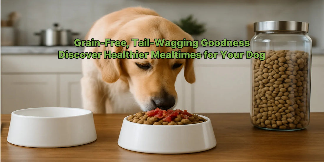 A golden retriever enjoying a meal with a grain-free dog food topper, representing healthy and natural dog food options for picky eaters.