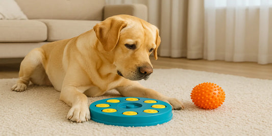 A golden Labrador plays indoors with interactive toys, focusing on a blue puzzle feeder while an orange textured ball rests nearby on a soft carpet.
