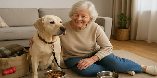 Smiling senior woman sitting on floor beside her Labrador, with dog food and water bowls, showing safe and caring companionship.