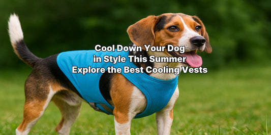 A happy dog wearing a breathable cooling vest outdoors during summer, staying comfortable and safe under the sun during an adventurous walk.