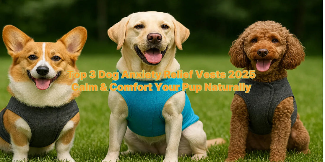 Three dogs wearing calming anxiety relief vests sit on grass, showing top vest options to help dogs stay calm during stressful situations in 2025