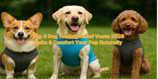 Three dogs wearing calming anxiety relief vests sit on grass, showing top vest options to help dogs stay calm during stressful situations in 2025