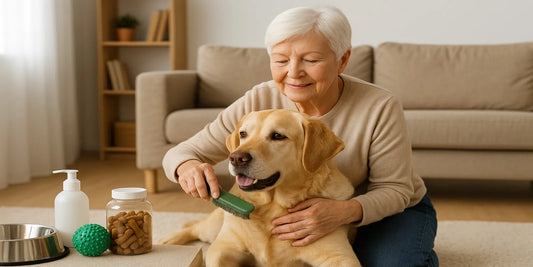 Elderly woman brushing her golden Labrador at home, with dog food, grooming tools, and pet care supplies nearby on the rug.