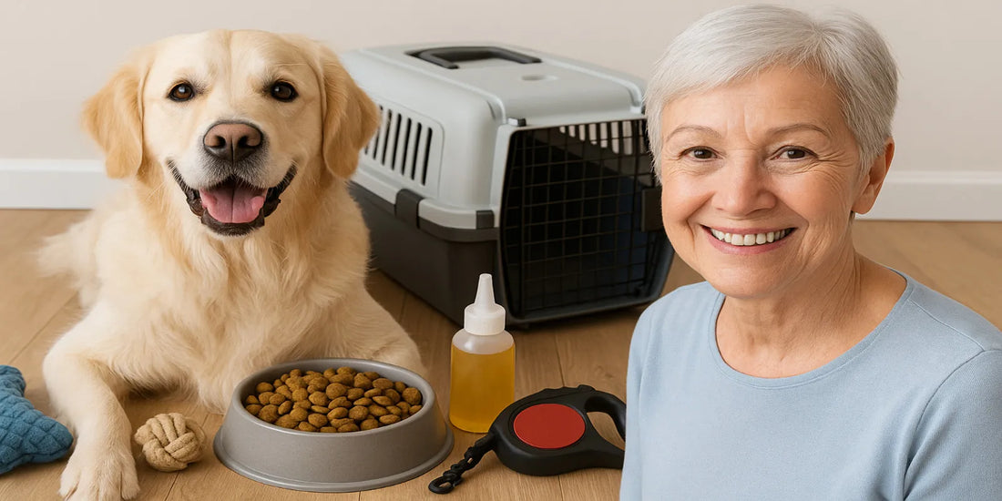 Smiling senior woman with a golden retriever, dog food bowl, carrier, leash, and supplies, representing safe and easy essentials for older dog care.