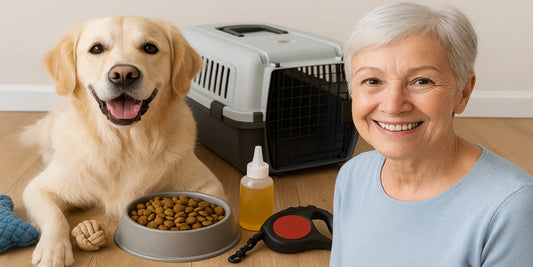 Smiling senior woman with a golden retriever, dog food bowl, carrier, leash, and supplies, representing safe and easy essentials for older dog care.