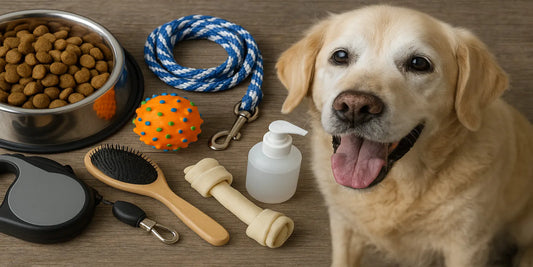 Elderly golden retriever sitting happily beside senior dog supplies, including food bowl, leash, brush, toy, bone, and grooming items.