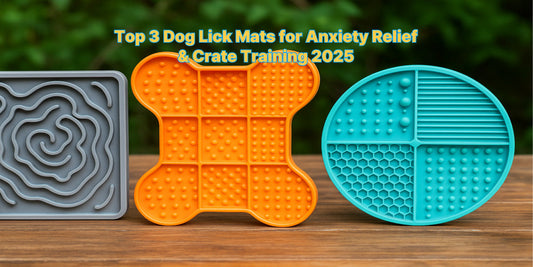Three textured dog lick mats in gray, orange, and teal on a wooden surface, designed for anxiety relief and crate training in 2025.
