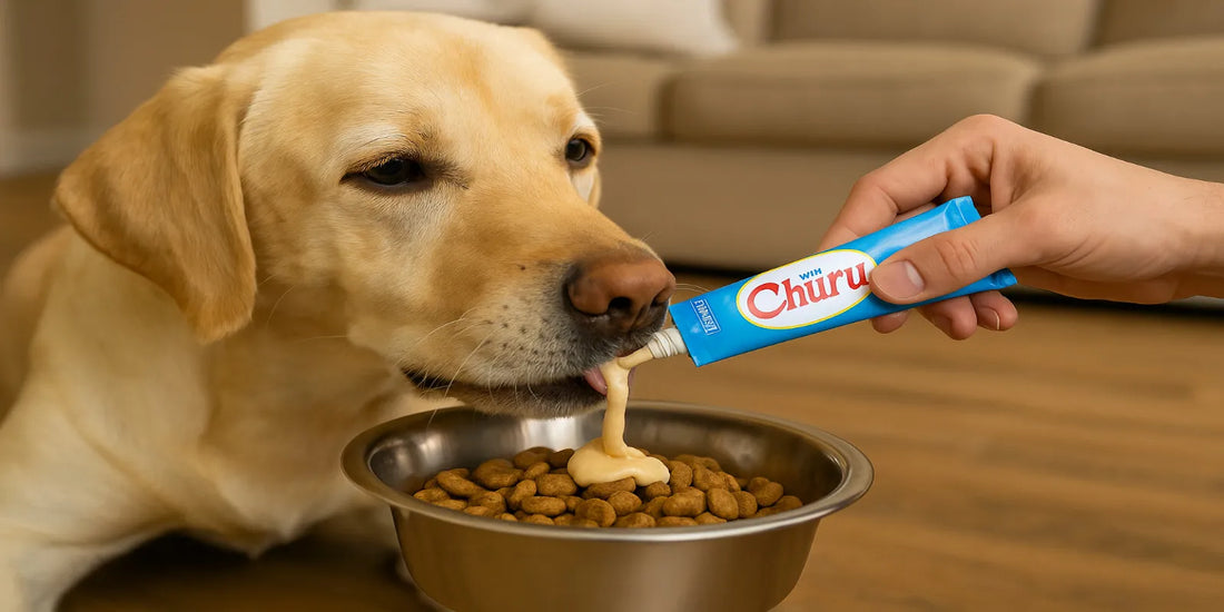 A golden Labrador eating kibble topped with creamy INABA Churu meal topper being squeezed from a tube into a stainless steel dog bowl.