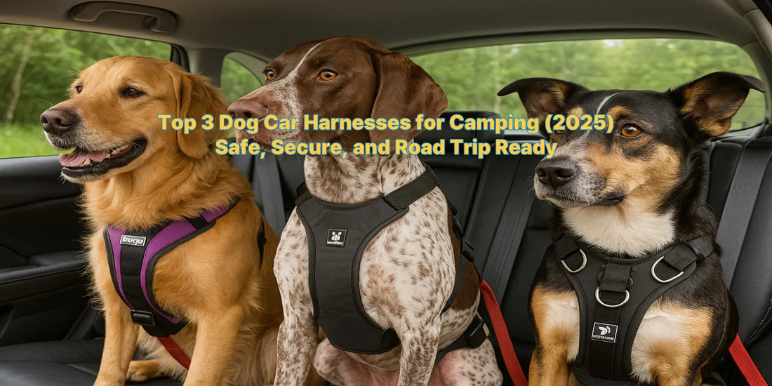 Three dogs wearing car harnesses seated in a backseat, ready for a safe camping or road trip adventure in 2025.