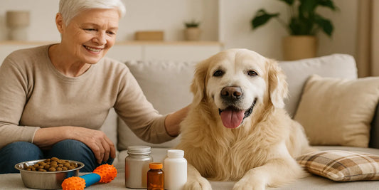A smiling senior woman sits with her Golden Retriever, surrounded by dog food, supplements, and toys, showing safe senior pet care.
