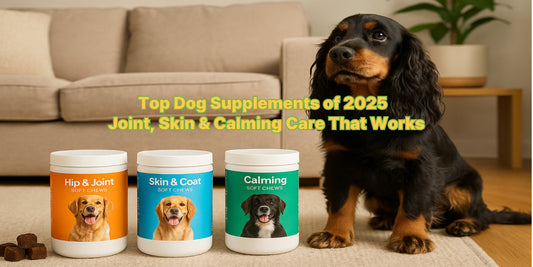 Cocker Spaniel sitting beside three colorful containers of dog supplements for hip & joint, skin & coat, and calming support on a cozy living room floor.