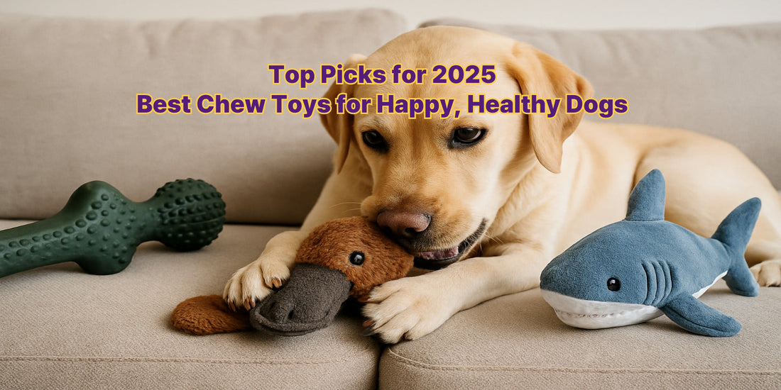 A Labrador playing with a platypus chew toy on a sofa, surrounded by durable dog toys including a shark plush and textured rubber bone.