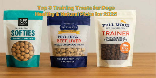 Three top-rated dog training treat packs for 2025, featuring natural ingredients and healthy options, displayed neatly on a wooden surface.