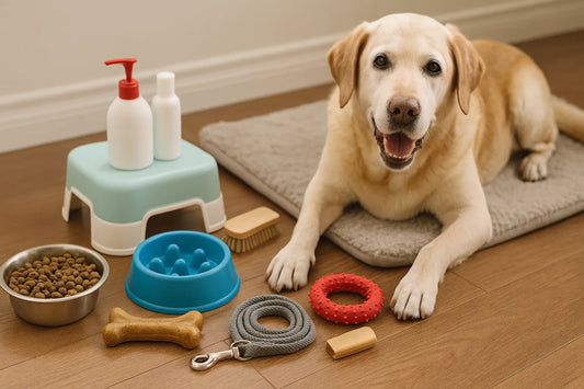 Senior golden Labrador lying on a plush dog bed, surrounded by food bowls, chew toys, grooming brush, and care supplies for easy pet care.