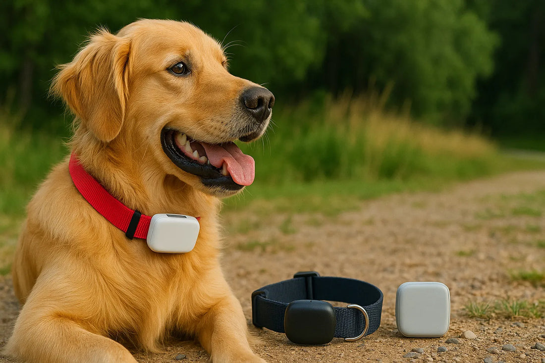 A golden retriever wearing a GPS tracker collar sits outdoors on a dirt path, with extra GPS collars and devices placed nearby.